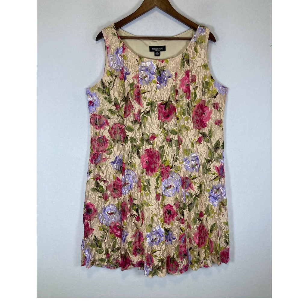 Floral Lace Perceptions New York Womens XL Beige Pink Purple Sleeveless‎ Dress